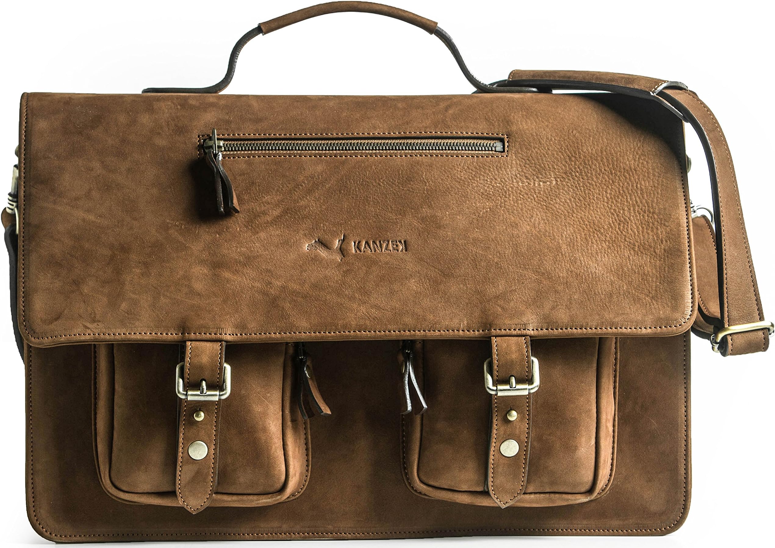 KANZEK 17 inches Full Grain Leather Messenger Bag - Luxury Executive Shoulder Satchel Briefcase. Distressed Vintage Brown/Cognac Cowhide - Large and Light for Business Professionals - Men's & Women's