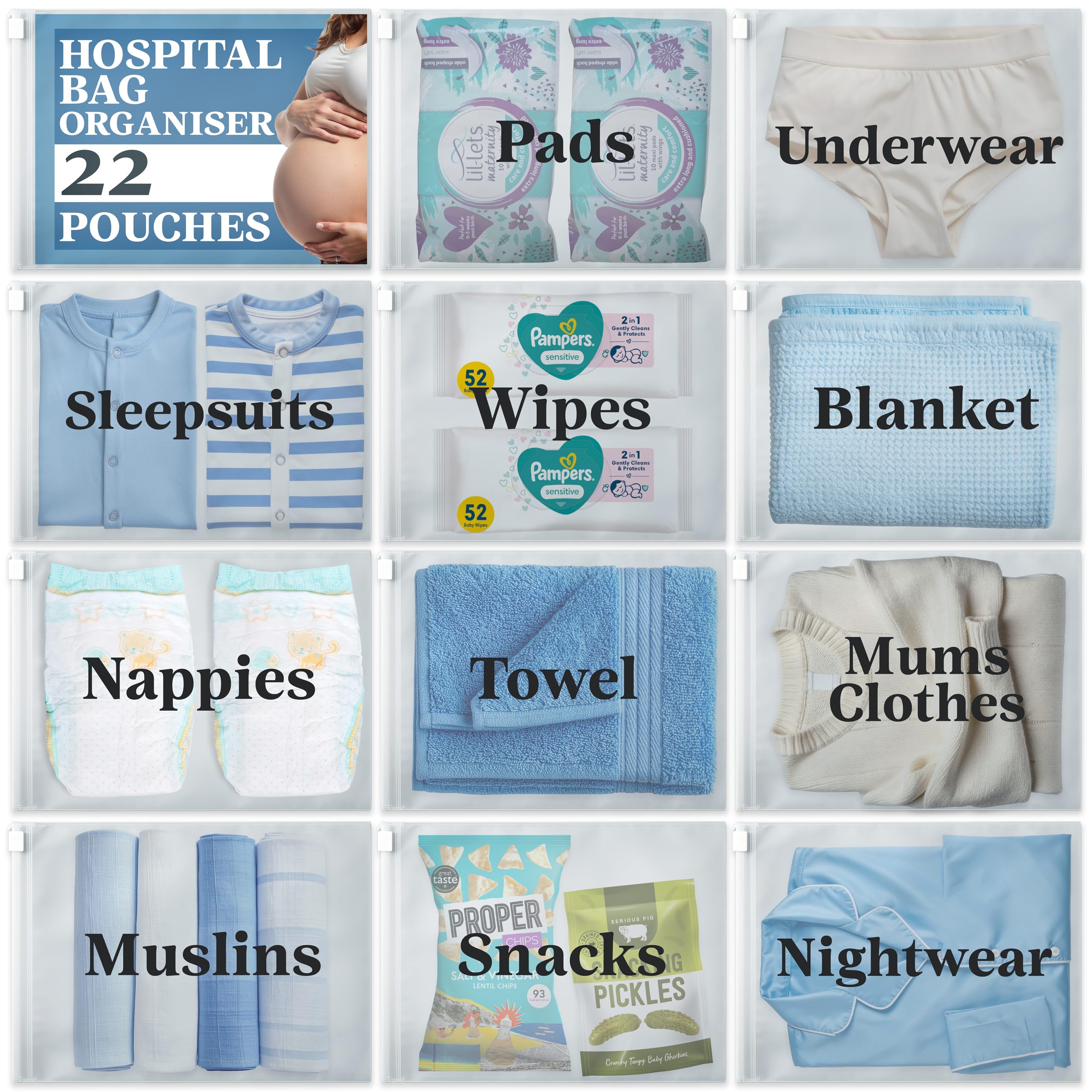 22 x Maternity Hospital Bag Organiser Pouches - Hospital Bag Maternity Essentials for Newborn Baby Changing Bag or Baby Hospital Bag Organiser Pouches - 38 x 28cm Hospital Organiser Pouches Labelled