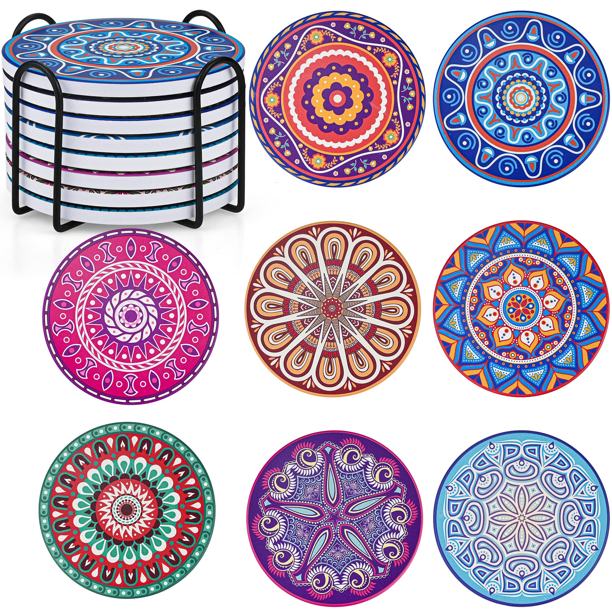 Mandala Coasters Set of 8, Ceramic Round Drink Coasters with Holder Absorbent Drink Coaster Set with Non-slip Cork Base & Ceramic Stone Cup Pad for Cups Mug Wine Glass Home Kitchen & Bar - 10cm