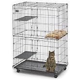 MidWest Homes for Pets Folding Metal Indoor Cat Playpen, Cage Includes Locking Wheels, 3 Platforms, Removable Tray, Plush Bed, Suited for 1-3 Cats