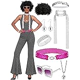 VillbeCoser 70s Disco Outfits for Women Retro Jumpsuit Costume Set 1970s Accessories Glasses Wig Halloween Party