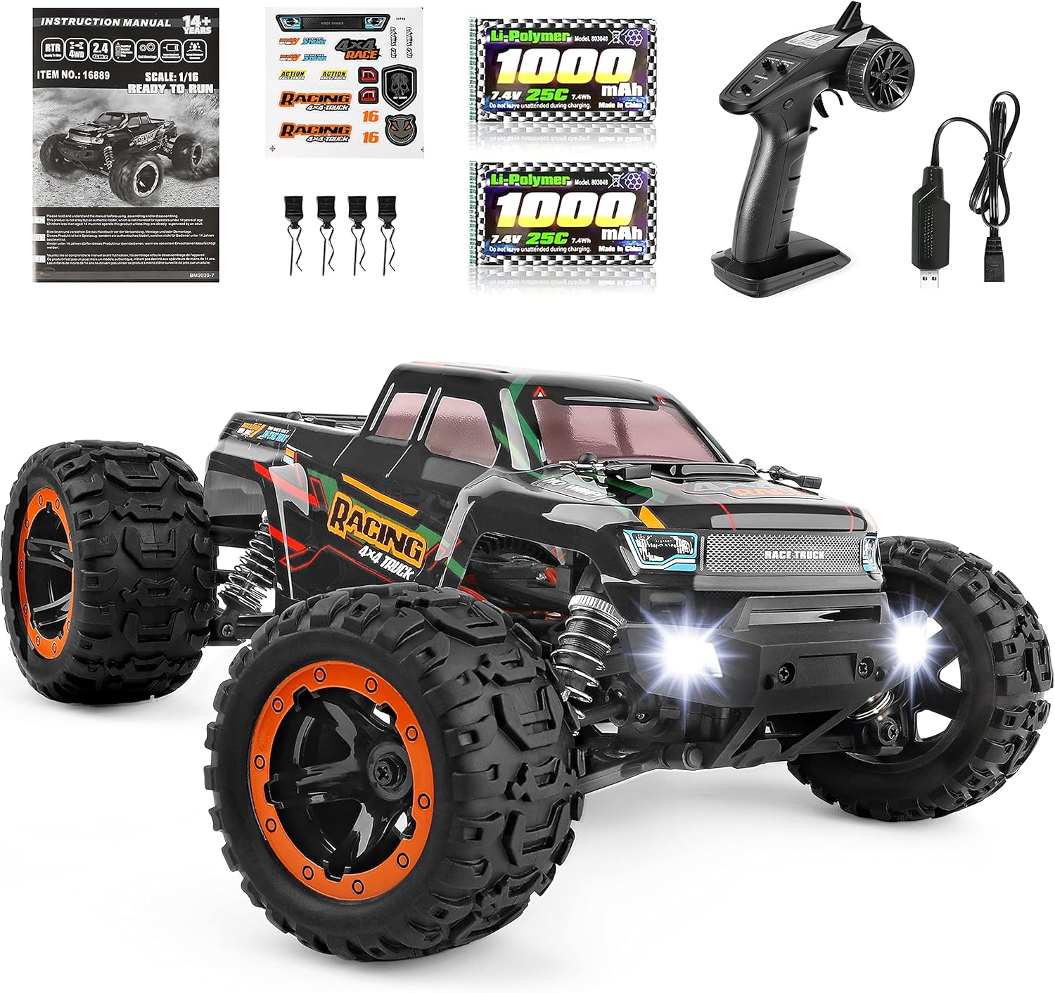 Remote Control Car 16889, 1:16 Scale 2.4Ghz RC Cars 4x4 Off Road Trucks, Waterproof RTR RC Monster Truck 36KM/H, Remote Controlled Toys for Kids and Adults with 2 Batteries 35+ mins Play: Toys & Games