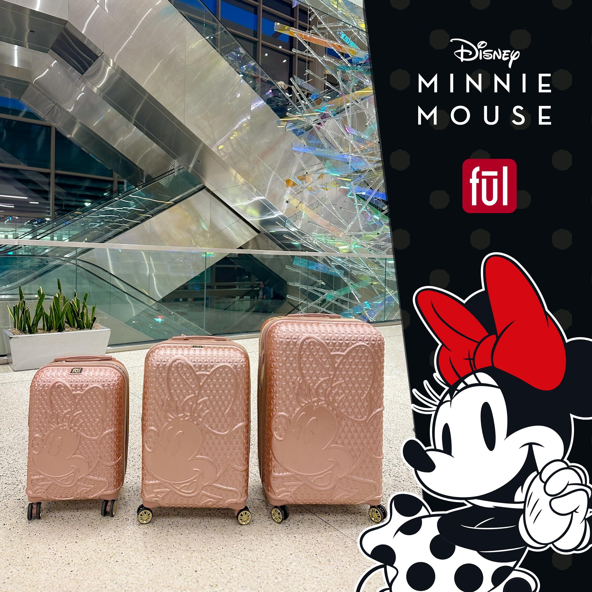 FUL Disney Minnie Mouse Rolling Luggage, Textured Hardshell Suitcase with Wheels, Rose Gold, 25 Inch