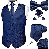 GUSLESON Fashion Vest for Men Paisley Jacquard Tie Waistcoat Bow tie Hanky Lapel Pin Cufflinks Set Wedding 7PCS