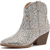 YAYONE Rhinestone Zipper Sparkly Ankle Boots - Glitter Pointed Toe Fashion Comfortable Shoes, Pull on Chunky Heel Western Boots