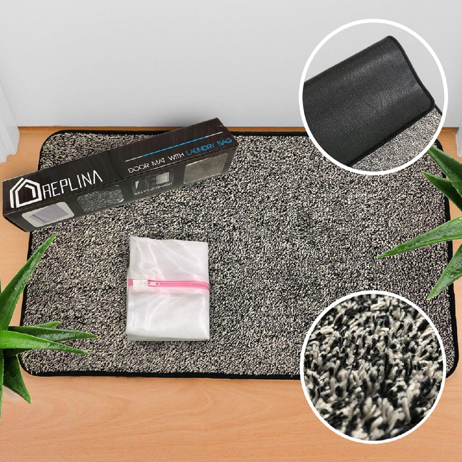 Replina Indoor Doormat (29" X 17") Gray with Laundry Bag - Low Profile Door Mat Entryway Throw Rugs, Waterproof, Non Slip Rubber Mats for Patio, Entrance Front Floor, Kitchen and Outdoor Welcome Mat