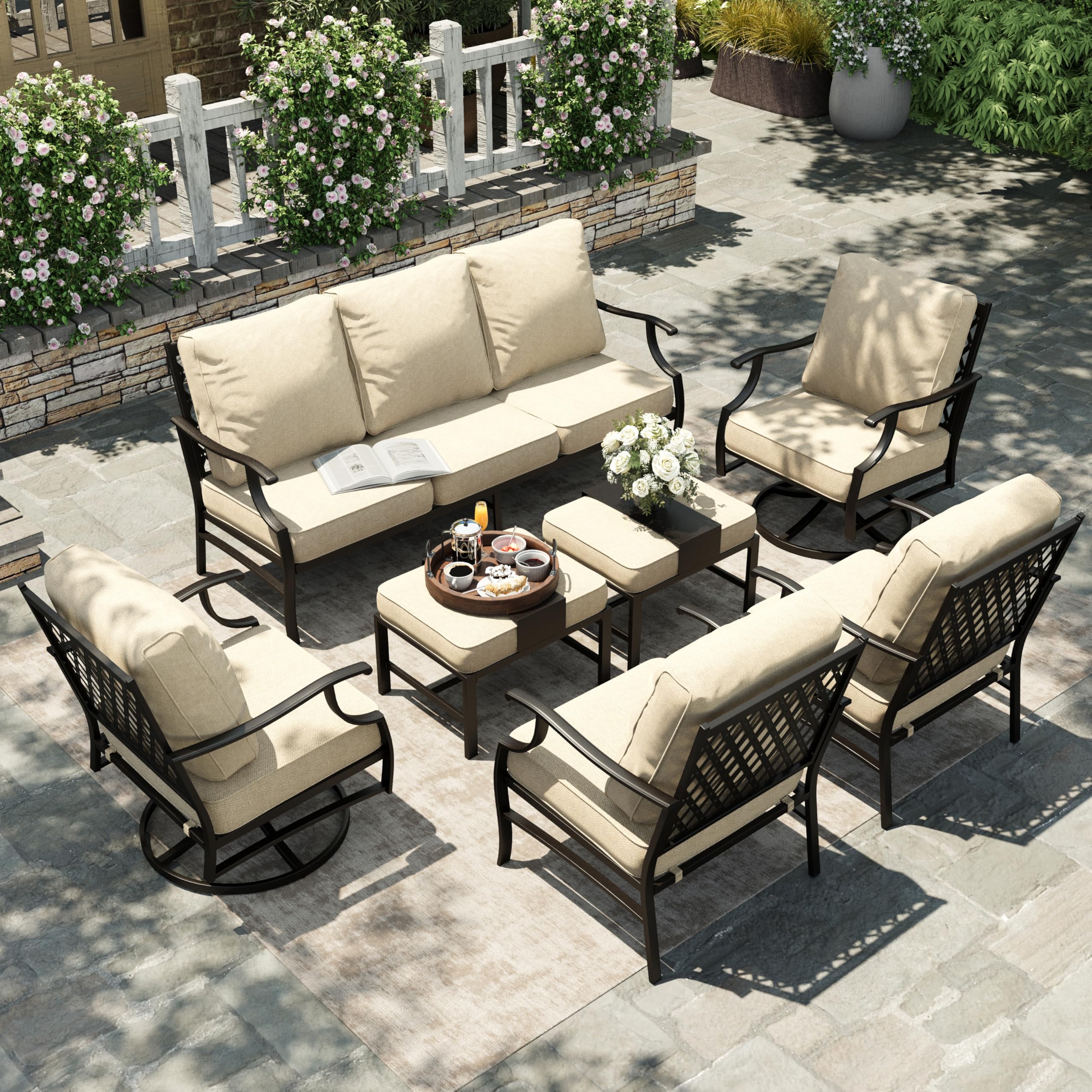 HERA'S HOUSE 7-Piece Patio Conversation Set, 9-Seat, Swivel Chairs, Beige