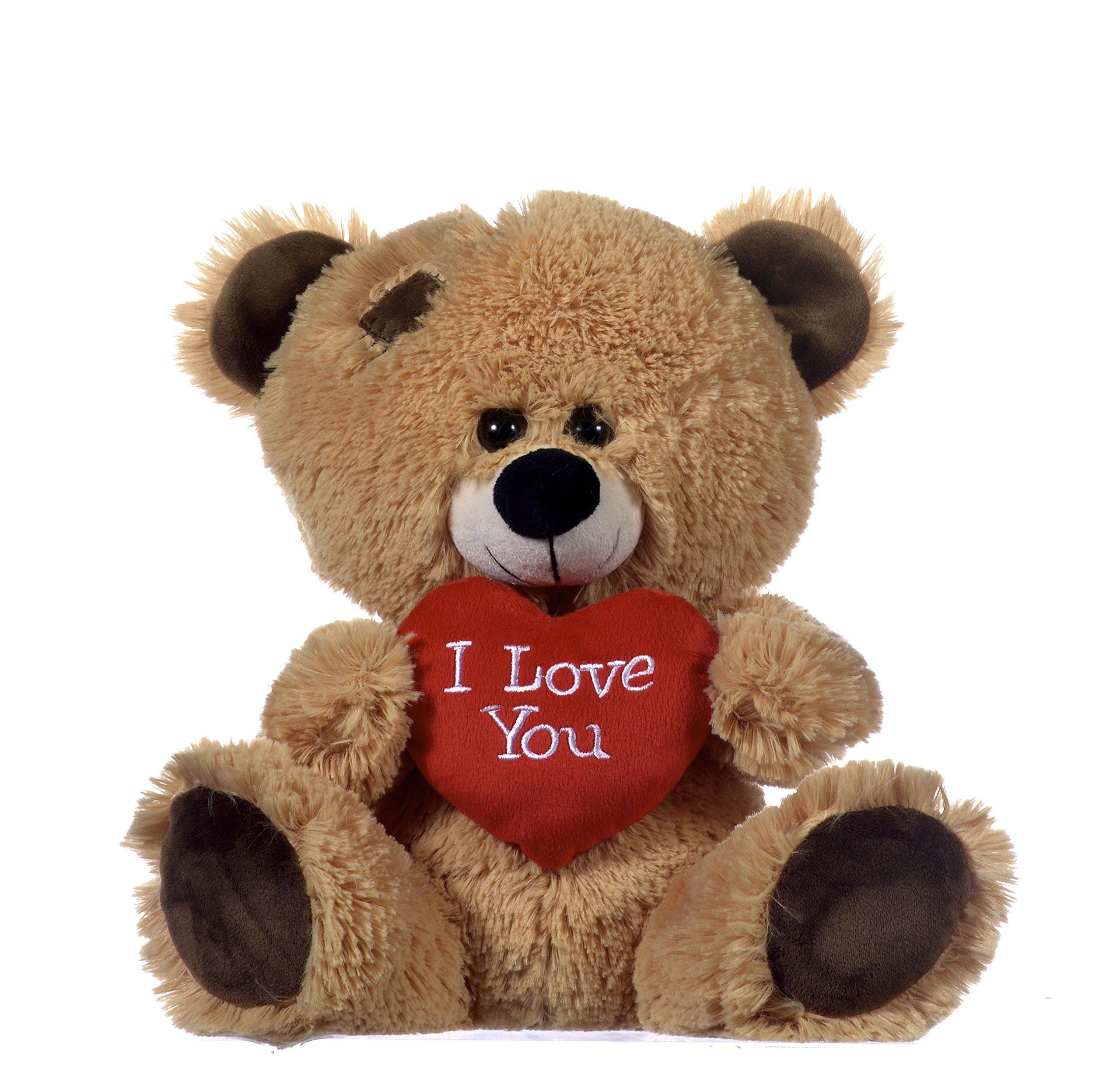 Brown Patchwork Teddy Bear holding Red Heart with "I Love You" written on it (Golden Brown, 10.5")