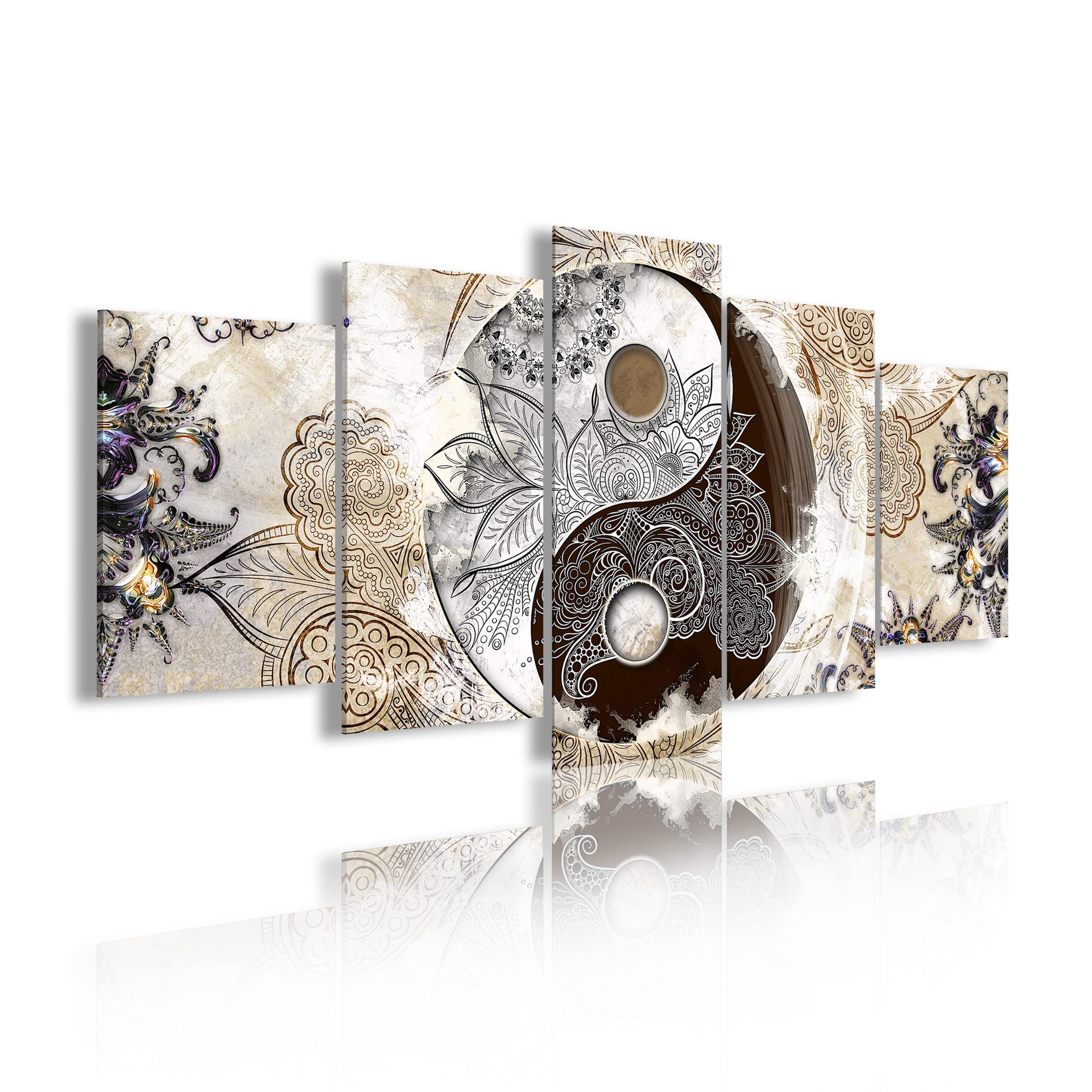 DekoArte 473 Modern Canvas Picture on 5 Pieces XXL Ethnic Yin and Yang 200 x 100 cm