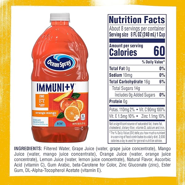 OCEAN SPRAY® IMMUNITY ORANGE MANGO JUICE DRINK, IMMUNITY SUPPORT BEVERAGE WITH ANTIOXIDANTS VITAMIN C, VITAMIN E AND ZINC, 60 FL OZ BOTTLE