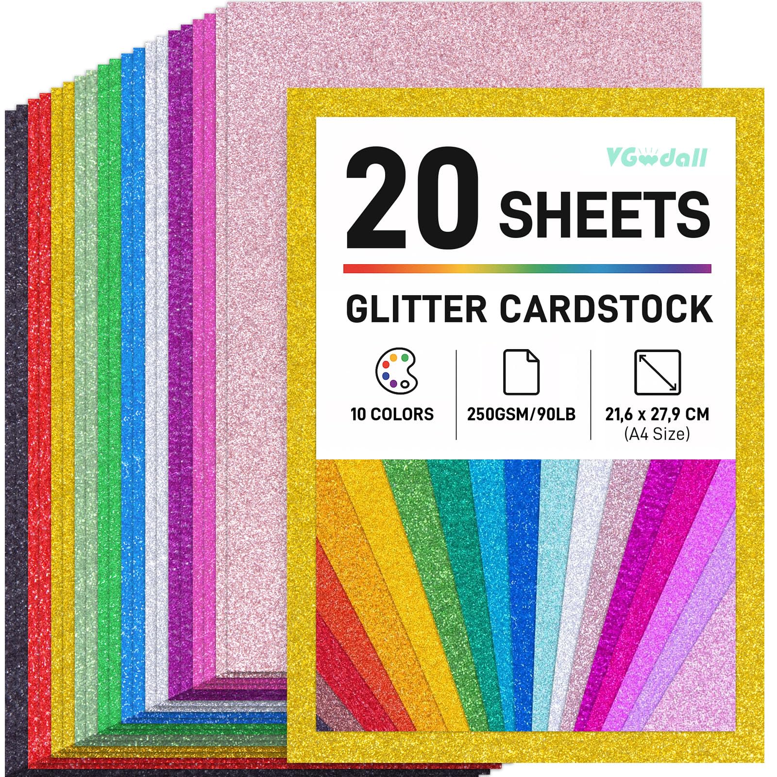 VGOODALL A4 Glitter Cardstock - 20 Sheets 10 Assorted Colours 250gsm Multi Colour Sparkle Paper for Card Making, Kids Crafts, Party Decor, Invitations, Gift Wrapping, Scrapbooking, DIY Projects