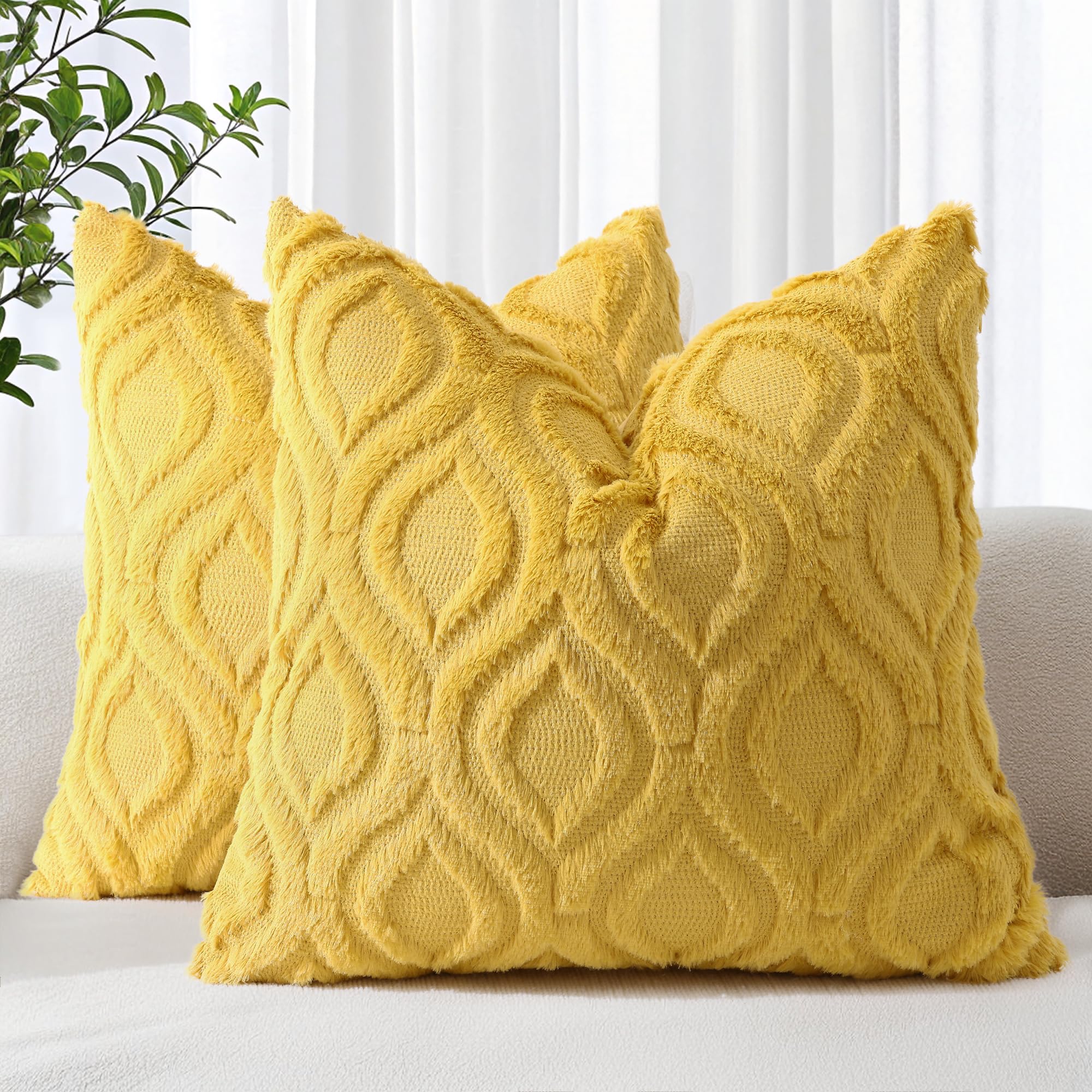 decorUhome Set of 2 Faux Fur Cushion Covers 45x45 cm, Decorative Soft Plush Fluffy Velvet Cushion Cover 18X18 Inch,Square Boho Neutral Pillow case for Sofa, Mustard Yellow — image 1