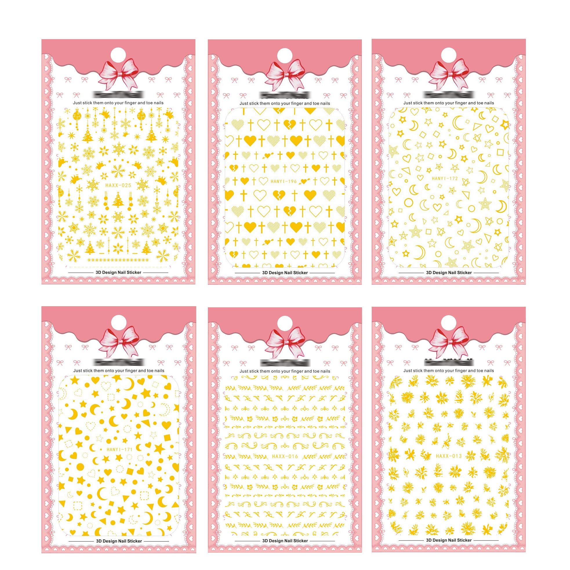 Jutao Nail Art Stickers for Women/Kids Big 3D Gold Flower Self-adhesive Nail Decals Sets of 6 (Golden)