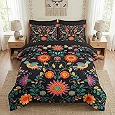 Nesker 7 Pcs Comforter Set Queen Size, Colorful Mexican Flower Bedding Set for Kids and Adults, Retro Floral Leaves Bed Sheet Sets with Fitted Sheet 2 Pillowcases & 2 Shams