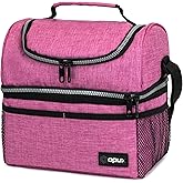 OPUX Lunch Box For Women, Insulated Large Lunch Bag Adult Work, Double Decker Lunchbox Meal Prep, Dual Compartment Leakproof Lunch Cooler, Soft Lunch Pail Tote for Girls, Kids, School (Pink, 16 Cans)