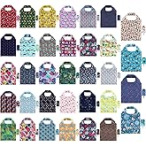 Shappy 34 Pcs Reusable Floral Grocery Bags Foldable Nylon Tote Bags Washable Shopping Bags Extra Large Cute Flower Reusable Bags with Attached Pouch for Women Grocery Shopping Supplies
