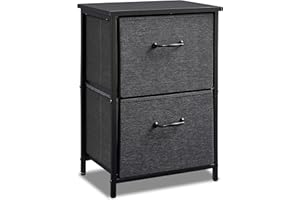 LAND·VOI Fabric Storage Drawer, 2 Drawers Nightstand, Removable Drawers Dresser for Bedroom, Office, Living Room and Hallway Entryway Closets, Steel Frame Wood Top, Easy Pull Handle, Black Grey