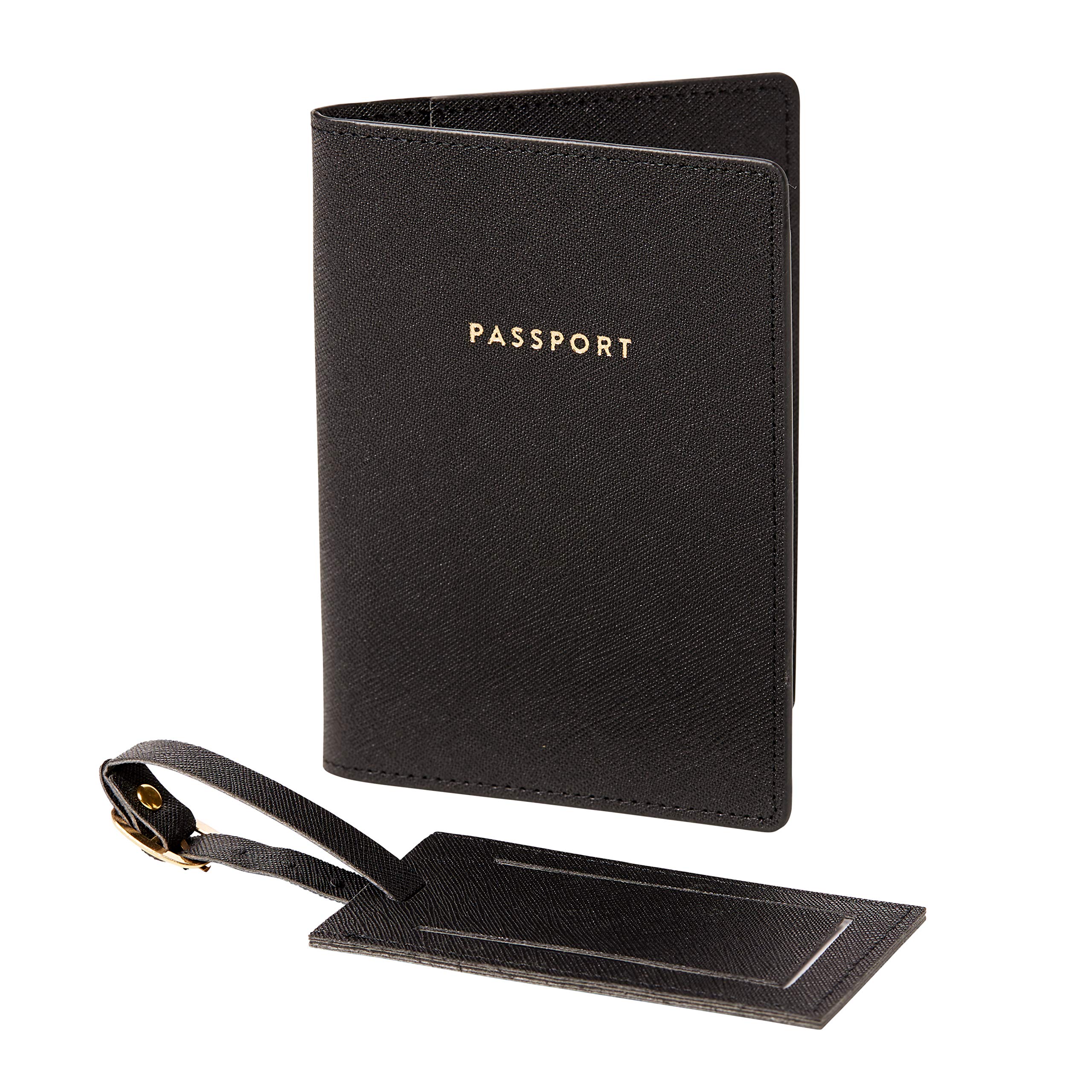 Eccolo Passport Cover Holder And Luggage Tag Set In Gift Box, Saffiano Classic Black