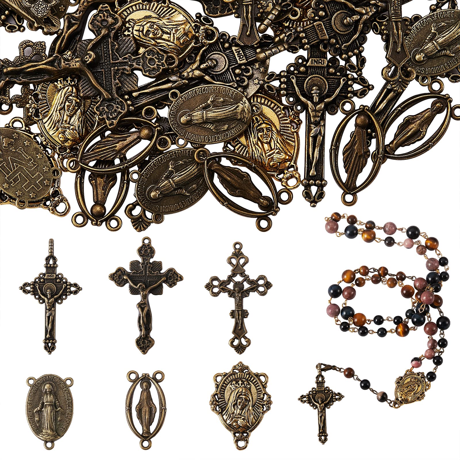 BEEFLYING 60 Pieces Tibetan Style Cross Charms Catholic Rosary Jesus Virgin Oval Links Pendants for DIY Jewelry Making Crafts Supplies (Antique Bronze)