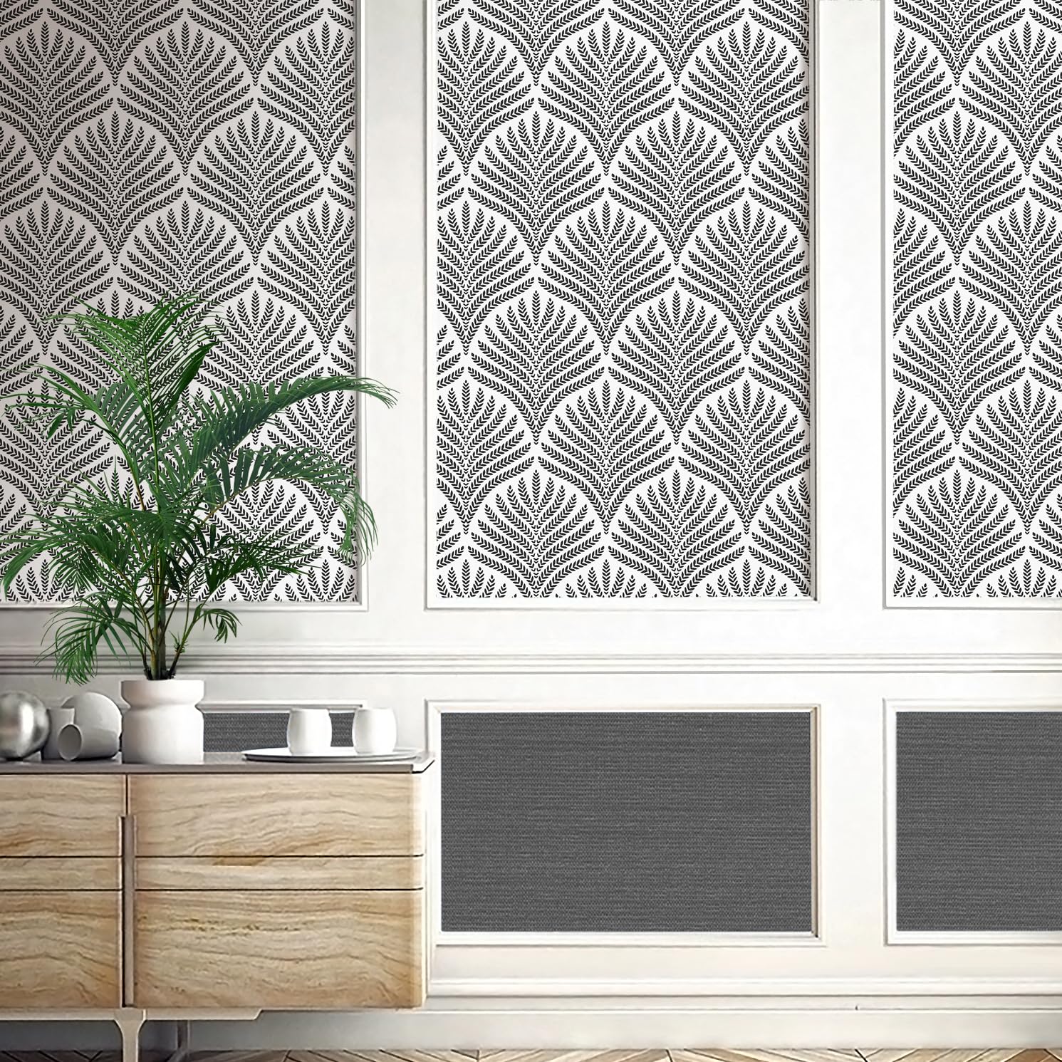 Photo 1 of Cohoo Home Black and White Peel and Stick Wallpaper Boho Contact Paper for Cabinets and Drawers Modern Self-Adhesive Wallpaper Leaf Geometric Contact Paper Bathroom Bedroom Waterproof 17.3inW 78.7inL