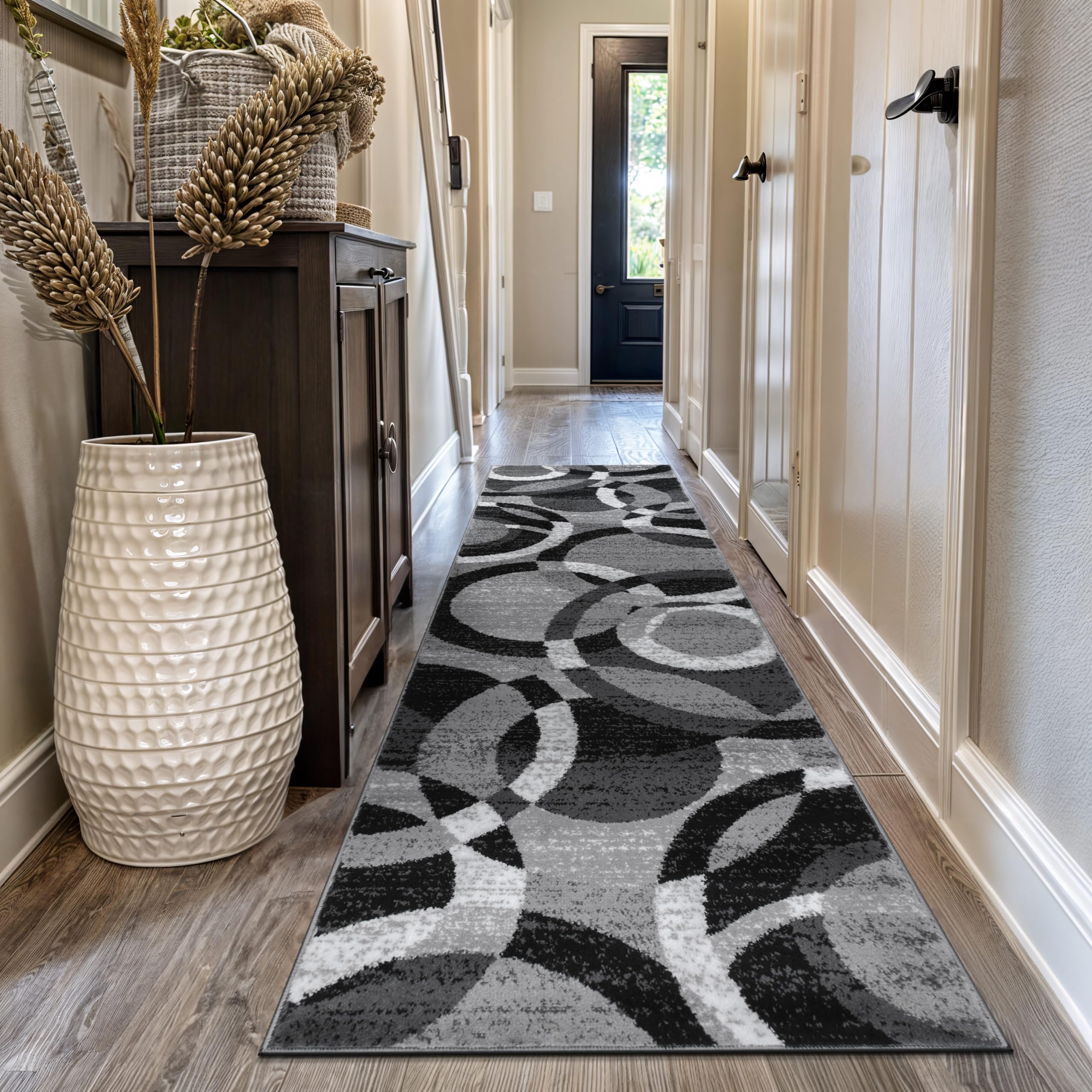 Rugshop Contemporary Abstract Circles Perfect for high Traffic Areas of Your Living Room,Bedroom,Home Office,Kitchen Runner Rug 2'7" x 12' Gray Image