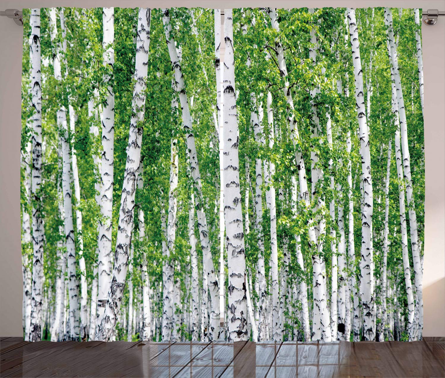 ABAKUHAUS Birch Tree Curtains, Fresh Green Leaves Summer Forest Rural Landscape Environmental Image, Living Room Bedroom Window Drapes 2 Panel Set, 280 x 245 cm, Green White Black