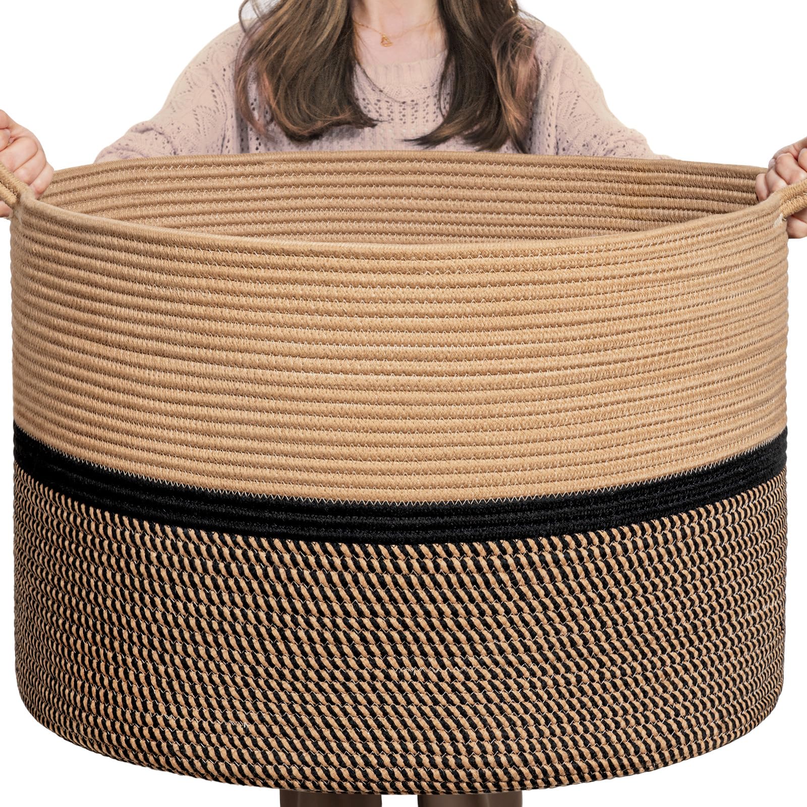 CHICVITA XXL Extra Large Cotton Rope Woven Basket, Throw Blanket Storage Basket with Handles, Decorative Clothes Hamper - 22