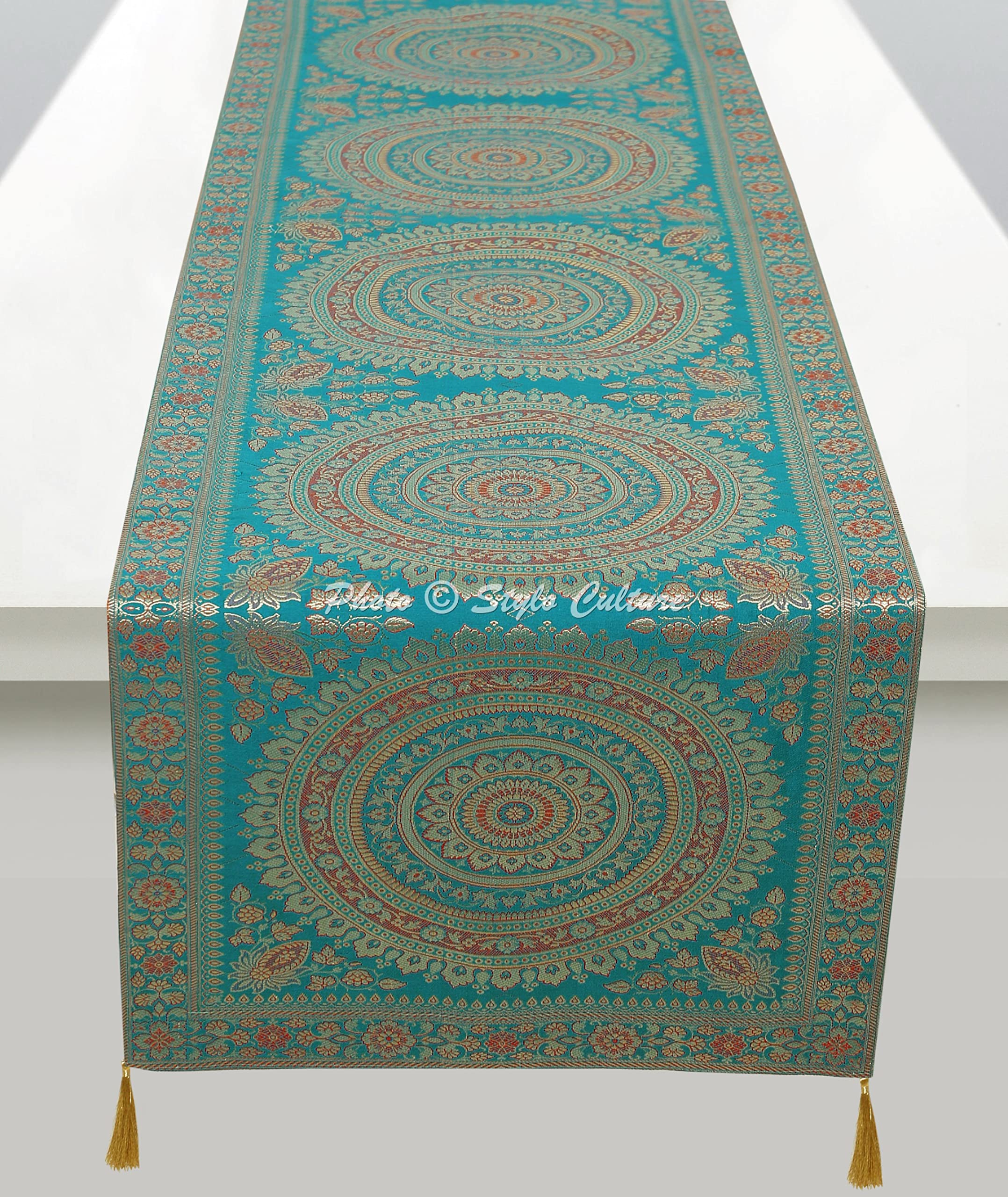 Stylo Culture Decorative Extra Long Table Runner Emerald Green Gold Ethnic Round Mandala Jacquard With Tassel Home Decor Reception Table Cloth Brocade Rectangle Tablecloth Placemat 68x16 Inches