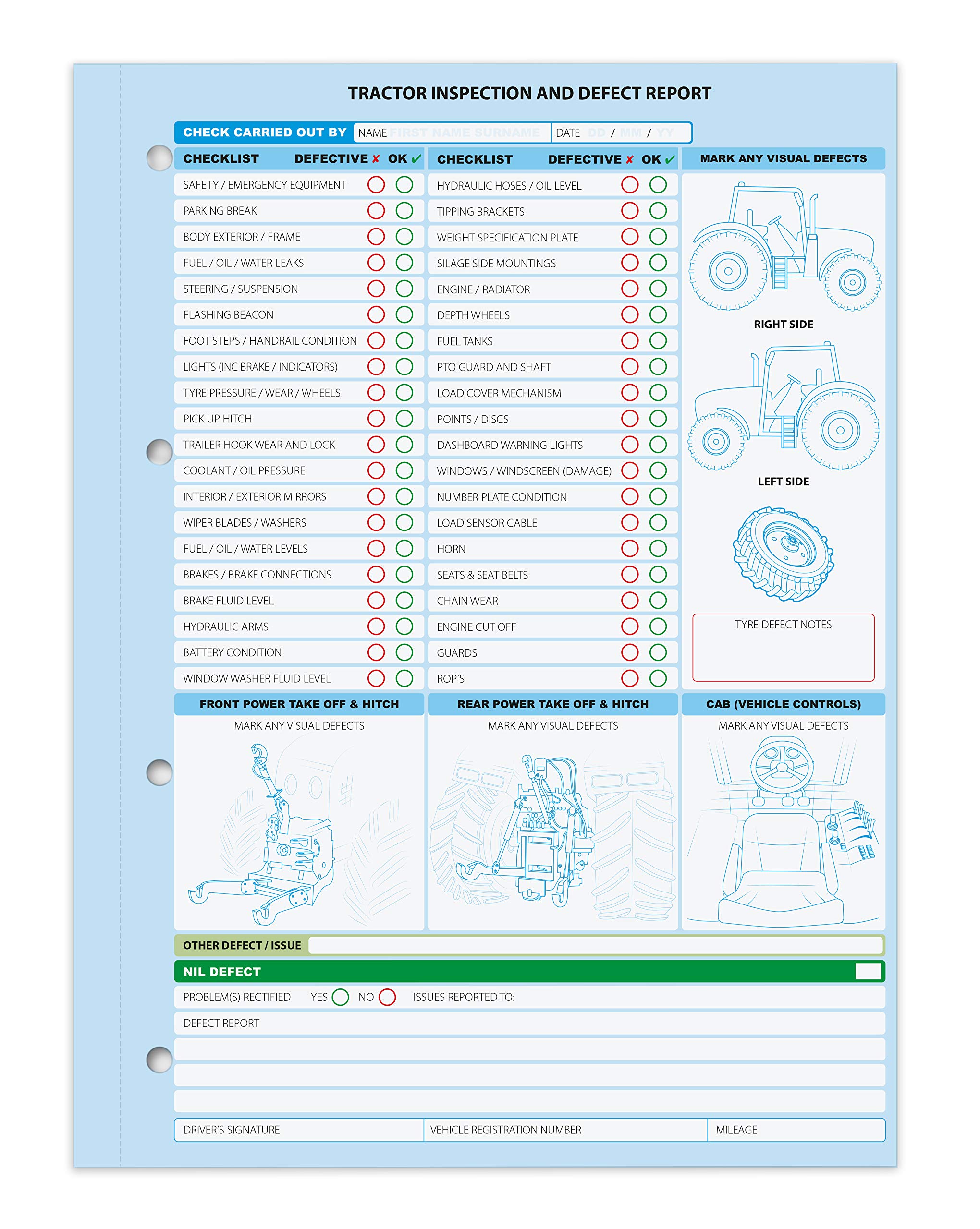 Tractor Defect inspection / report book, 2 part (Duplicate), 50 sets per book
