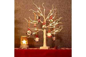 PABIPABI Christmas Tree, White Birch Tree Christmas Decorations with 8 Wooden Gnome Ornaments, Battery/USB Powered Artificial Tabletop Tree with Timer for Home Room Centerpieces Party Indoor Decor