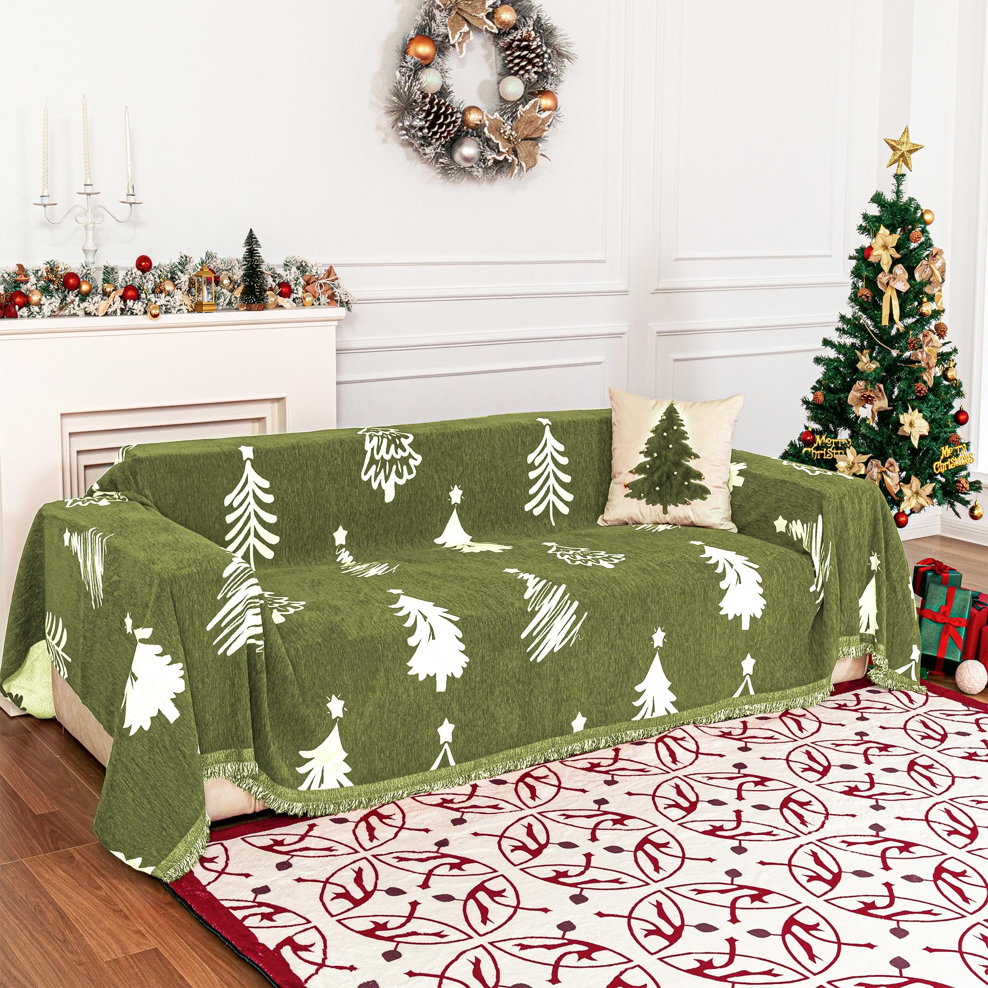 MYSKY HOME 71"X118" Loveseat Christmas Couch Cover, Sectional Sofa Covers Sofa Slipcover for 2 Cushion Couch, L Shape Couch Covers for Dogs, Kids, Washable Sofa Blanket, Furniture Protector, Green Image