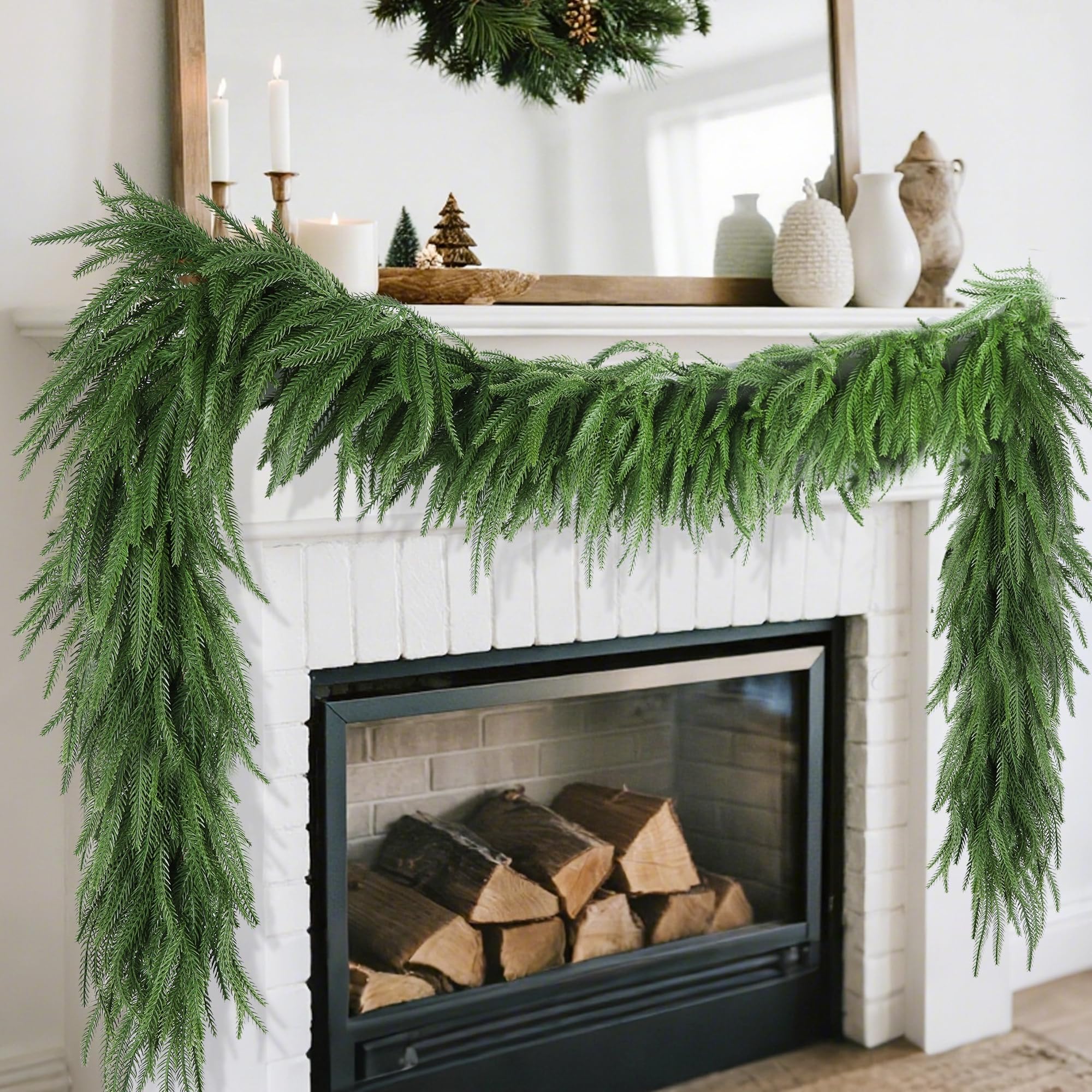 Photo 1 of DR.DUDU 9FT Real Touch Norfolk Pine Garland, Christmas Artificial Greenery Garlands for Mantle Fireplace Stairs - Indoor Outdoor Xmas Decorations