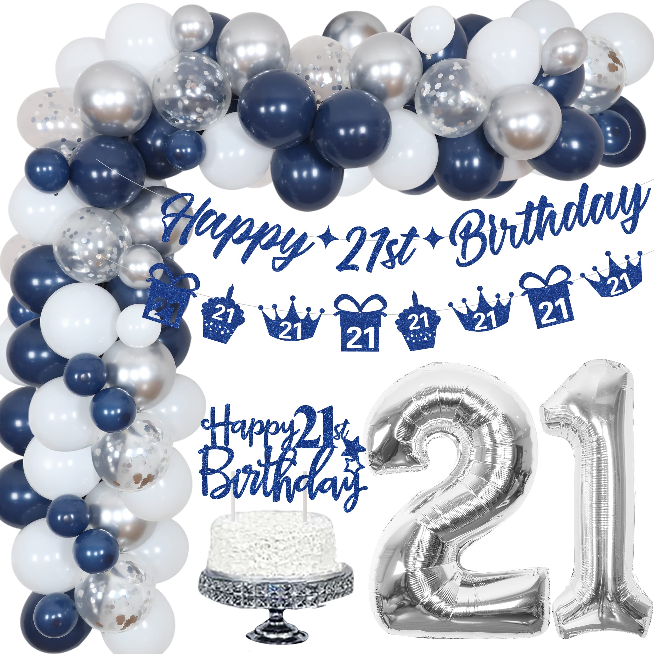 Fangleland 21st Birthday Party Decorations Blue and Silver for Boys and Girls, 21 Year Old Birthday Balloons Garland Kit with Banner and Cake Topper, 21st Birthday Party Supplies