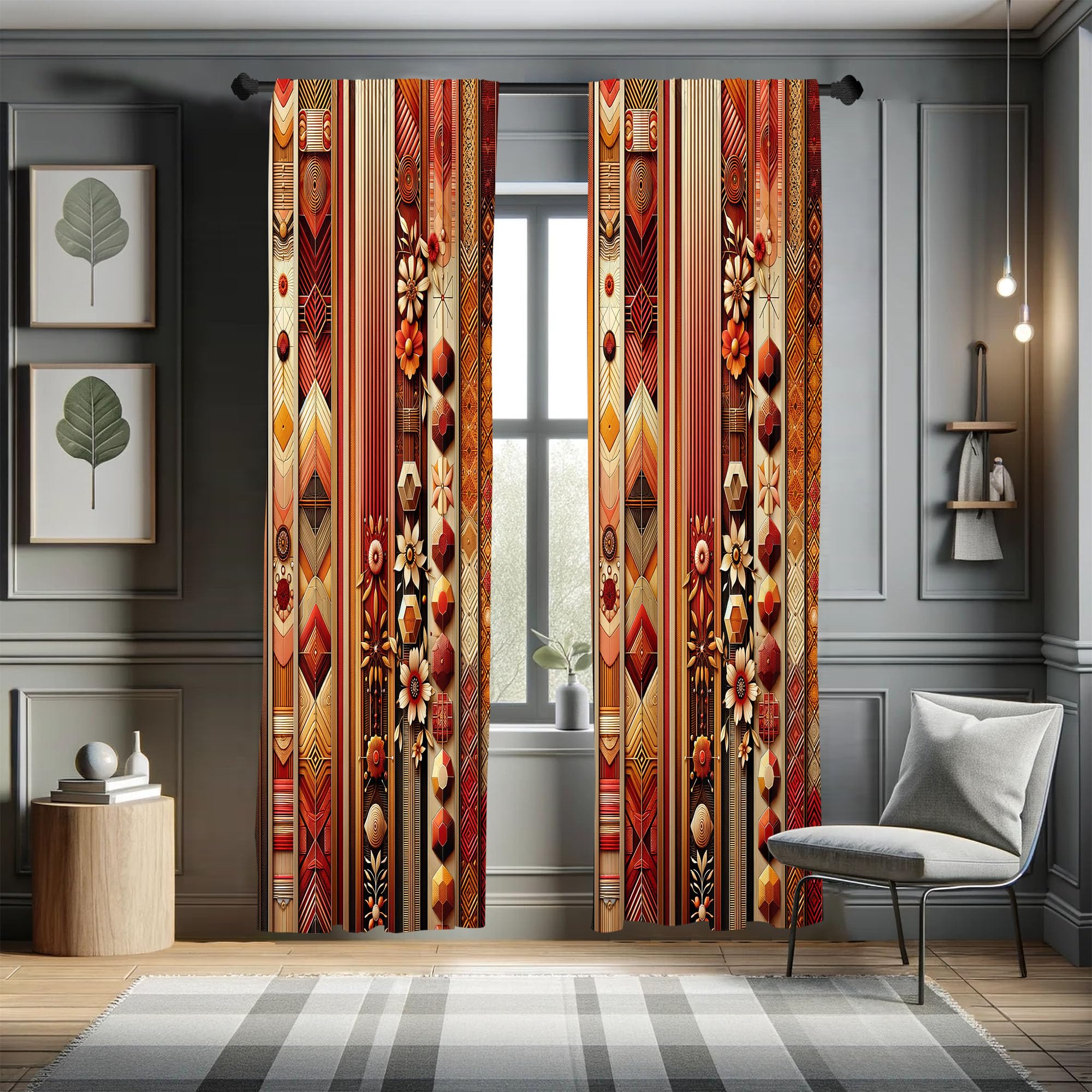 Photo 1 of Ambesonne Bohemian Curtains, Ethnic Stripes Flowers and Zigzag Geometric Shapes in Warm Colors, Window Treatments 2 Panel Set for Living Room Bedroom, Pair of - 28" x 63", Dark Coral and Burnt Orange