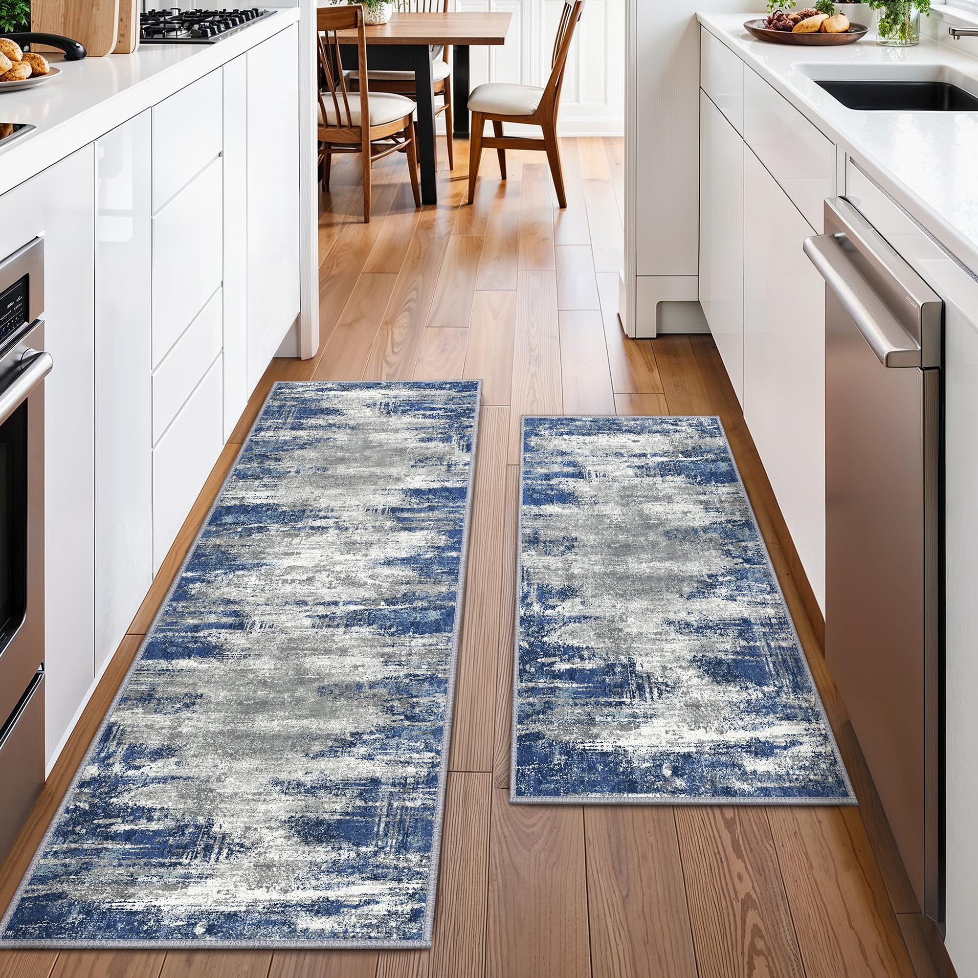 Photo 1 of GENIMO Kitchen Rugs Sets of 2 Non Slip Washable Kitchen Mats for Floor, Waterproof Abstract Kitchen Runner Rug, Floor Mat Carpet for Hallway, Laundry, Sink, Entryway, Bathroom, Blue&Ivory