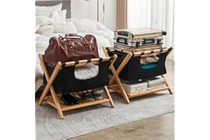 HOPLY Folding Luggage Rack for Guest Room - Fully Assembled Bamboo Suitcase Stand - Sturdy Wooden Luggage Holder with Laundry Bag & Shoe Rack - Airbnb Essential for Hosts, Guest Room Must Haves (Pack of 2)