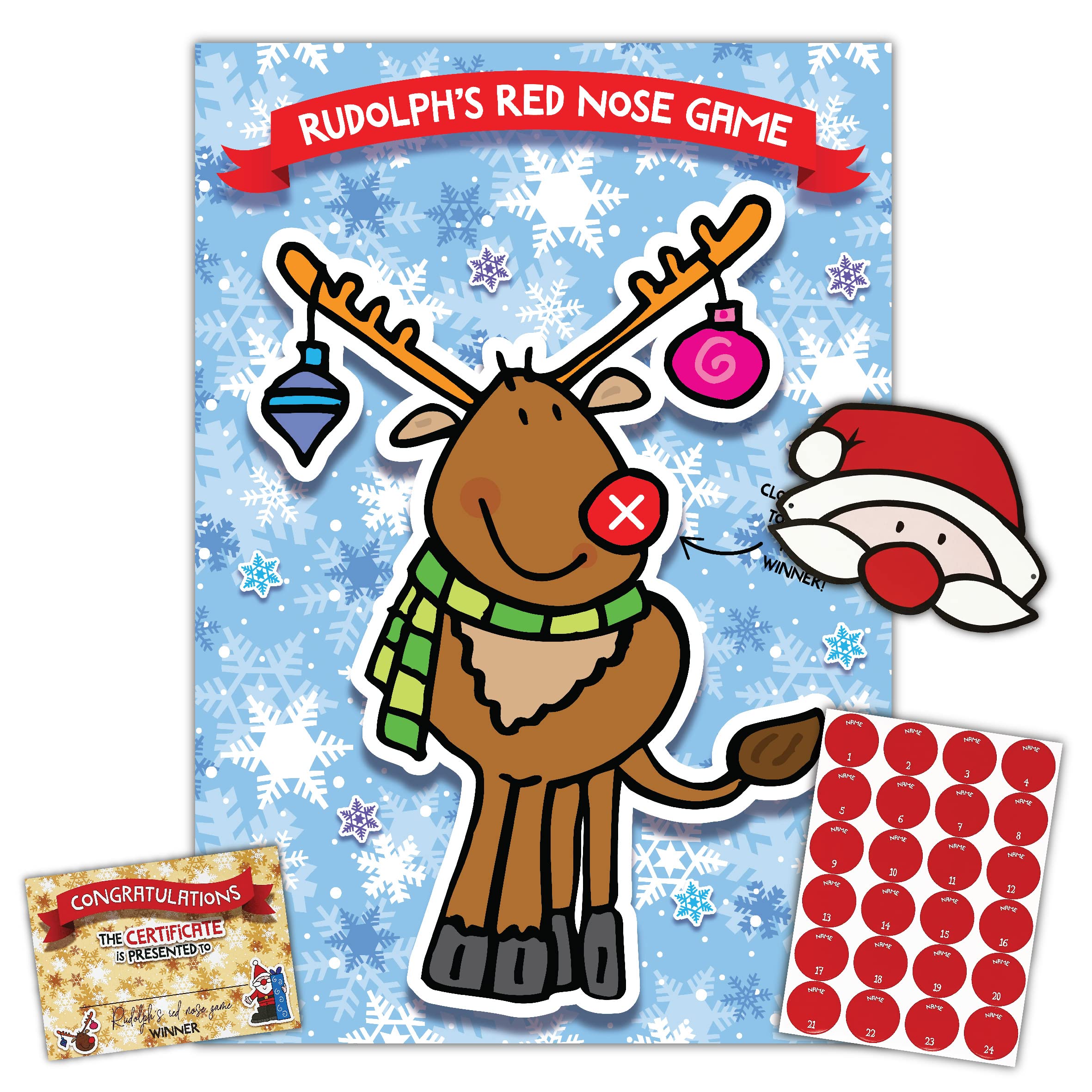 Rudolph Christmas Family Party Game - Pin the Nose for Kids & Adults - Up to 24 Players, Includes Santa Face Mask & 24 Red Nose Stickers - Xmas Stocking Filler, Party Favour Supplies