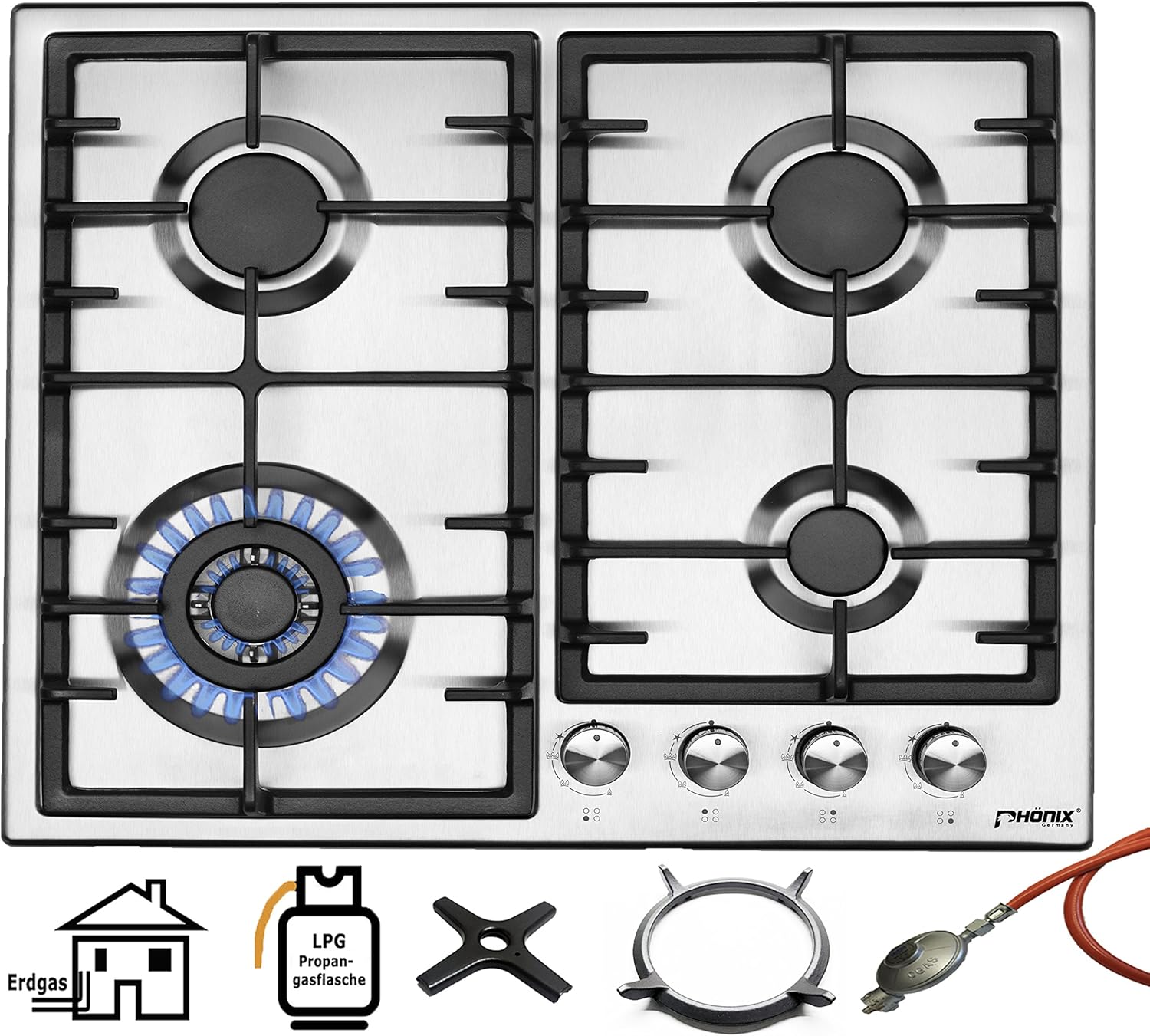 Phonix Ps 603t Einbau Gaskochfeld Edelstahl Gaskocher 4 Kochplatten Propan Erdgas Inkl Gasschlauch Regler Set Fur Propangasflaschen Guss Wok Aufsatz Herdkreuz Amazon De Elektro Grossgerate
