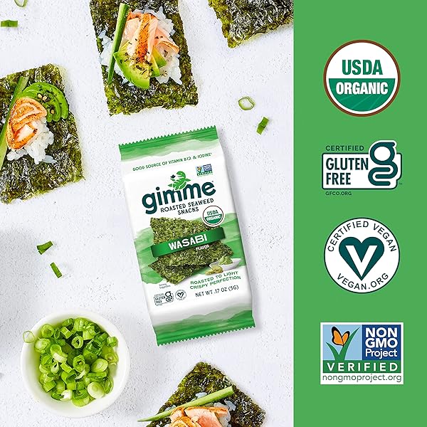 GIMME SEAWEED – WASABI – 12 COUNT – ORGANIC ROASTED SEAWEED SHEETS – KETO, VEGAN, GLUTEN FREE – GREAT SOURCE OF IODINE & OMEGA 3’S – HEALTHY ON-THE-GO SNACK FOR KIDS & ADULTS