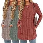JoyMotion 3 Pack Women's Long Sleeve Sweaters Crewneck Ribbed Pullover Loose Fit Tunic Tops Curved Hem Shirts with Pockets