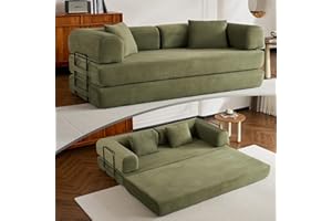 ZEIINPA Convertible Folding Couch Bed, Comfy Corduroy Sleeper Floor Sofa Bed with Fixed-Shape Frame, Floor Sofa with Armrest, Lounge Couch for Living Room Bedroom Lounge Studio, Green