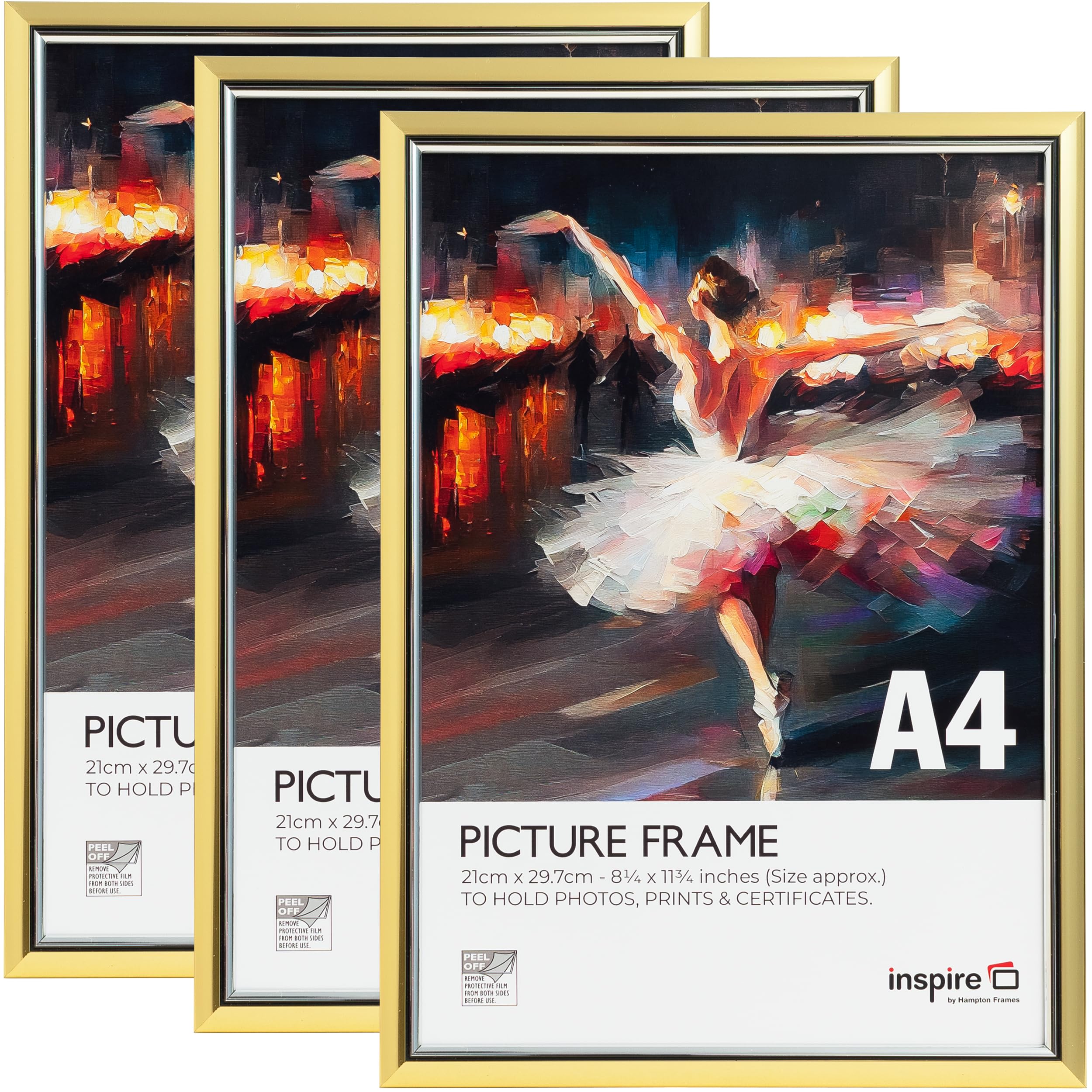 inspire by Hampton Frames | A4 Picture Poster Frame 3-Pack | Gold, 21x30cm, Acrylic Non-Glass | Wall or Freestanding Display, Lightweight, Easy Loading | Modern Home Décor