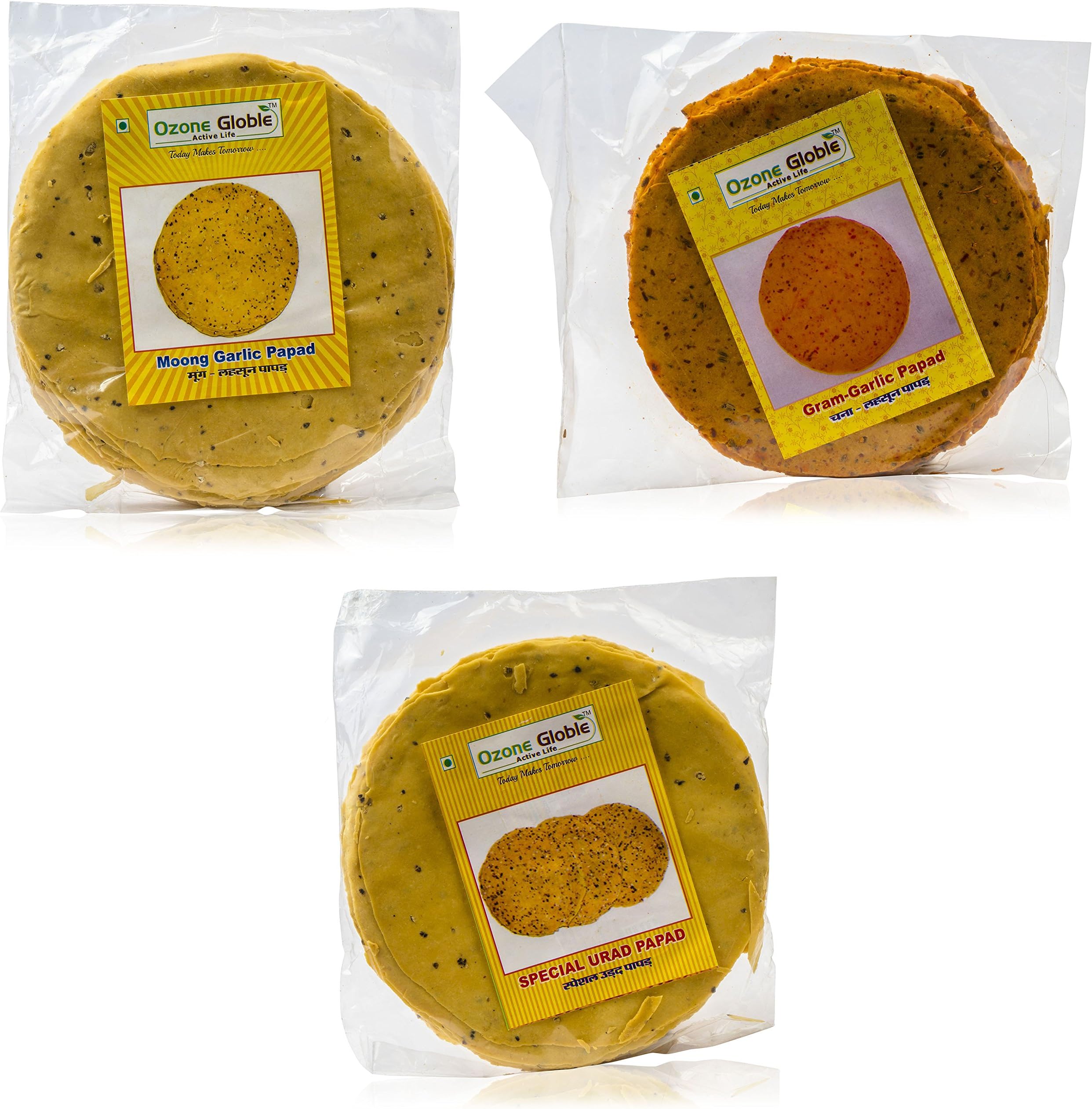 Ozone Globle Special Urad, Gram Garlic and Moong Garlic Papad, 600 Grams (Combo of 3)