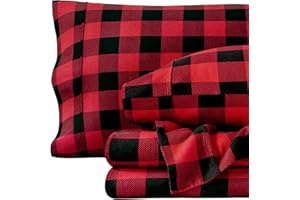 Bare Home Flannel Sheet Set Prints, 100% Cotton, Velvety Soft Heavyweight - Christmas Holiday Sheets - Double Brushed Flannel - Extra Softness, Comfort - Deep Pocket (Queen, Buffalo Plaid - Red/Black)