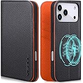 VISOUL Pebbled Leather Wallet Case for iPhone 17 Pro Max 6.9" 2025, Genuine Leather Flip Folio Cover with RFID Blocking Card Holders, Kickstand, Soft TPU Protective Flip Cover -Black+Orange