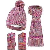 Winter Hat Gloves Scarf Set for Kids, Girls Toddler Pom Pom Knit Beanie Hat and Glove Set for Christmas Gift