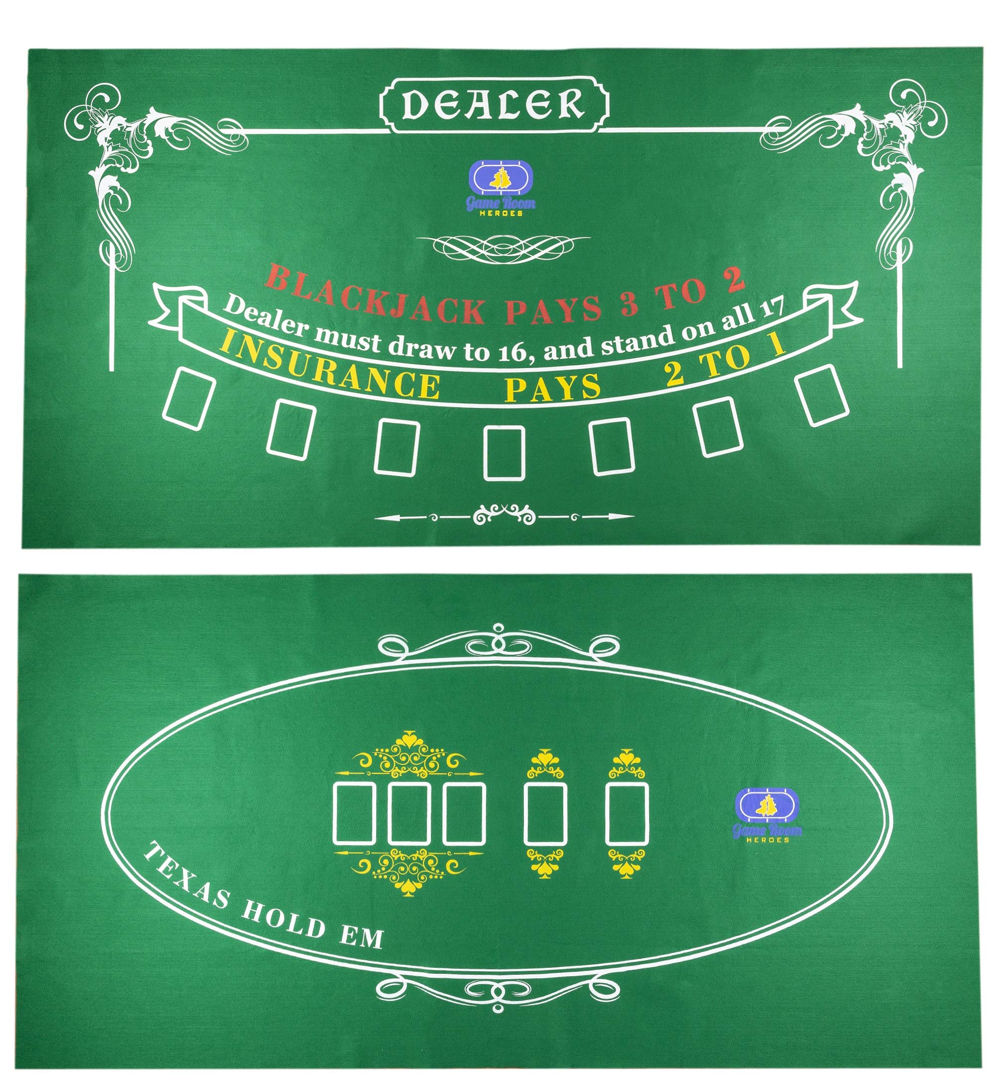 Game Room Heroes Tabletop Casino Felt Layout for Texas Holdem Poker and Blackjack - Premium Professional Grade Blackjack and Poker Mat for, Theme Party, Poker Night, Fundraisers & Gatherings