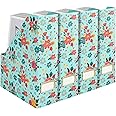 BLU MONACO Floral Magazine Holder, Set of 4 Foldable Magazine File Boxes, Aqua Floral Pattern with Gold Label Holder, Vertical Desk Organizer and Binder Holder