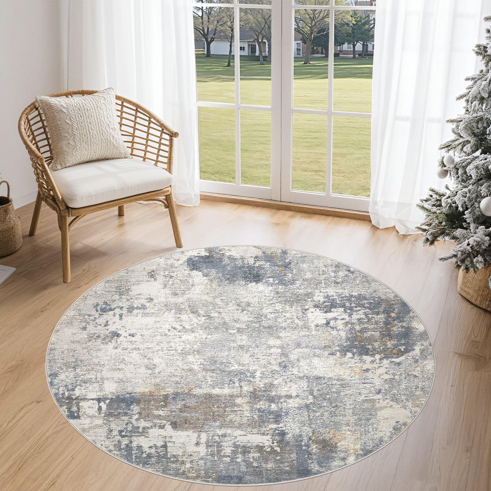 Photo 1 of UERMEI 4ft Round Area Rug Living Room Rugs - 4x4 Washable Neutral Modern Abstract Soft Thin Rug Indoor Floor No Slip Rug Carpet for Bedroom Under Dining Table Home Office Decor - Blue Grey