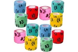 PRAIRIE HORSE SUPPLY 2 Inch Vet Wrap Tape Bulk (Black Paw Prints on Yellow, Red, Teal, Blue, Neon Green, and Neon Pink) (Pack of 24) Self Adhesive Adherent Adhering Flex Bandage Grip Roll for Dog Cat Pet